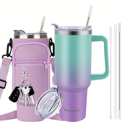 SPMTOWFT 40 Oz Tumbler with Handle, Insulated Water Bottle Carrier Bag with Lid And Straw, Reusable Stainless Steel Vacuum Insulated Cup, Leak Proof Thermal Travel Coffee Mug Cup for Cold And Hot, Phone Pocket, Office Drinkware, Gym Goers