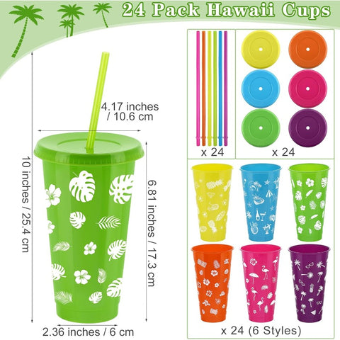 24 Pieces 24 oz Hawaiian Cups Luau Tumbler Cups with Straw and Lid 6 Design Reusable Plastic Travel Mug Cup for Hawaiia Favors Luau Tiki