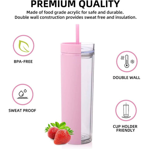 20oz Plastic Skinny Tumblers Bulk 10 Pack, Double Wall Tumbler with Lid and Straw, BPA Matte Acrylic Iced Coffee Cups With Straw, Reusable Travel Cute Mug Party, Pink, 10 Set