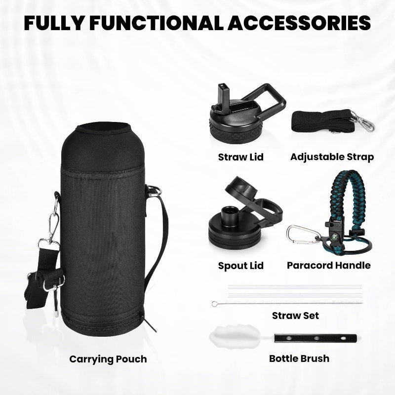 40oz Triple Wall Vacuum Insulated Stainless Steel Water Bottle - 48-Hour Cold Retention, Leakproof, BPA-Free, with Paracord Handle & Straw Spout Lids, Heavy-Duty Thermal Flask for Camping, Gym, Travel, Office - Elegant Indigo Black (Compatible with