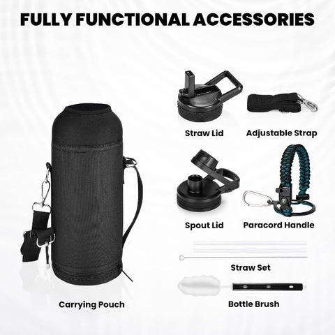 40oz Triple Wall Vacuum Insulated Stainless Steel Water Bottle - 48-Hour Cold Retention, Leakproof, BPA-Free, with Paracord Handle & Straw Spout Lids, Heavy-Duty Thermal Flask for Camping, Gym, Travel, Office - Elegant Indigo Black (Compatible with