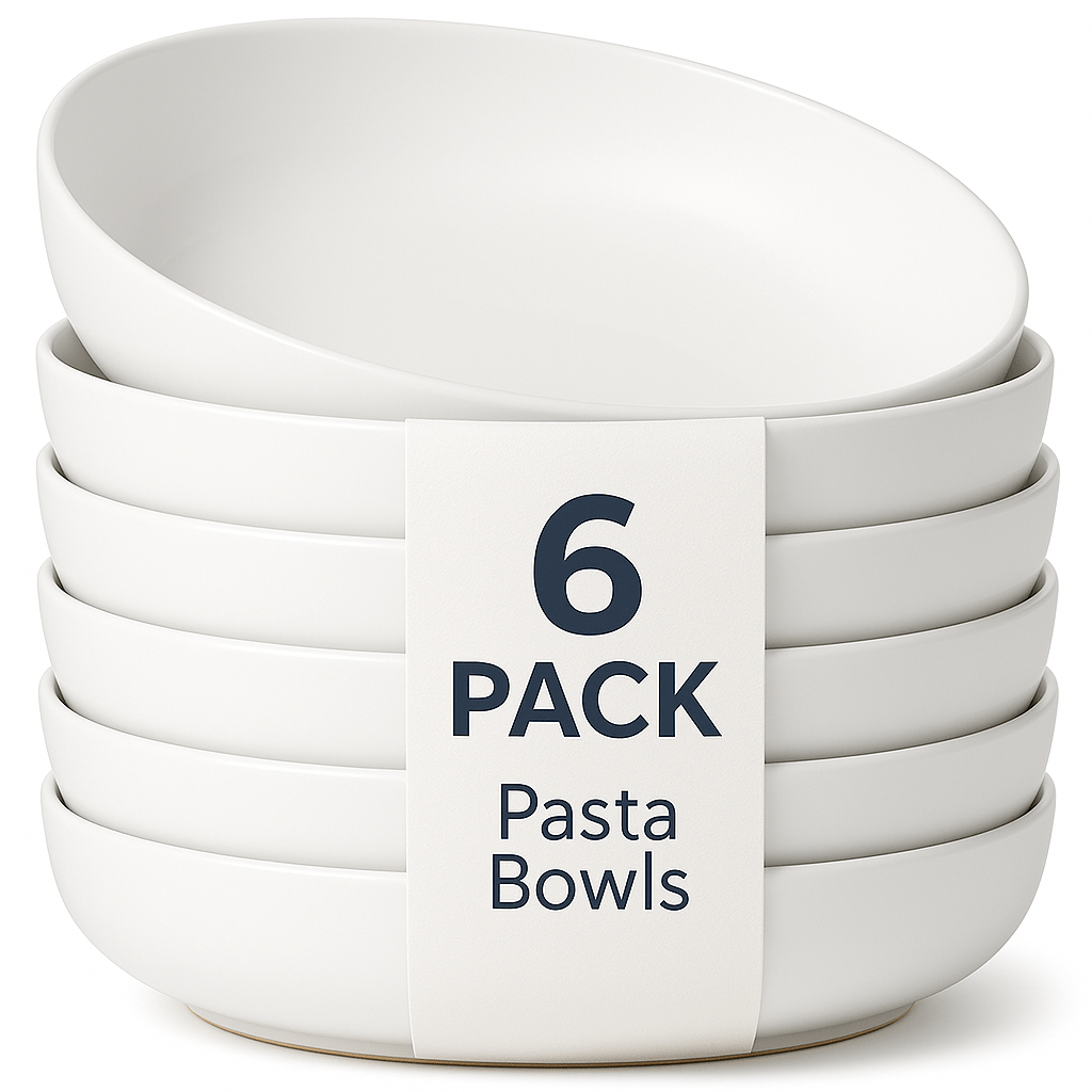 Kitchen Essentials Set – Large Ceramic Pasta Plates (Set of 6), Premium Black Knife Set (6-Piece), & Clear Glass Coffee Mugs (Set of 4) – Durable, Microwave & Dishwasher Safe