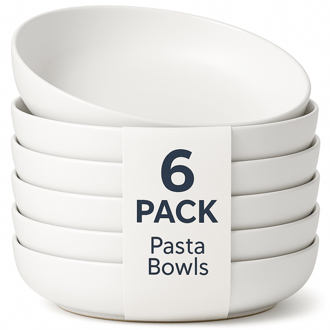 Kitchen Essentials Set – Large Ceramic Pasta Plates (Set of 6), Premium Black Knife Set (6-Piece), & Clear Glass Coffee Mugs (Set of 4) – Durable, Microwave & Dishwasher Safe