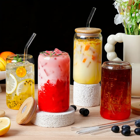6pcs, 18.6oz\u002F550ml, Including Lid, Straw, Straw Brush Glass Cup Set. The Elegant Shape Of The Drinking Cup Is An Ideal Gift, And The Can Shaped Glass Cup Is Suitable for Any Beverage And Occasion