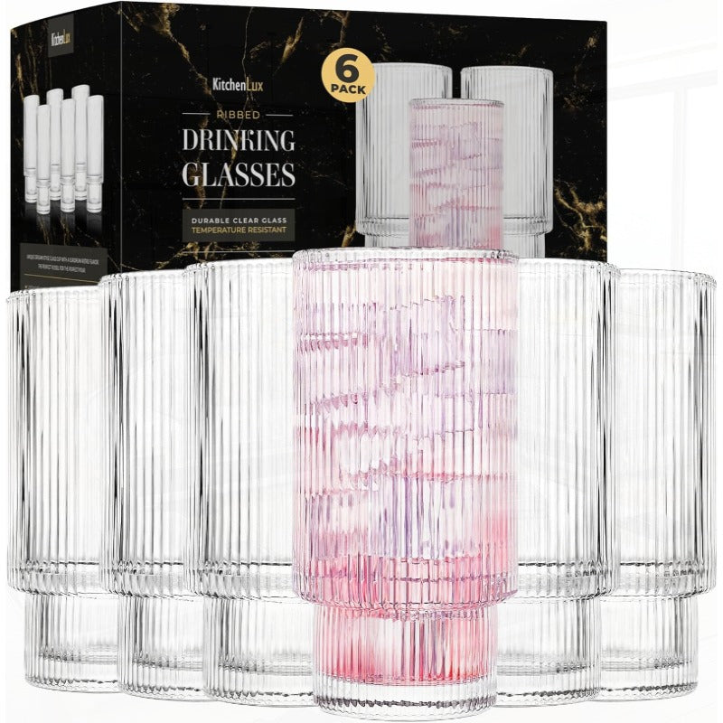 Ribbed Drinking Glasses Ribbed Glass Cups 12 oz Ribbed Glassware Set of 6 Textured Vintage Retro Ripple Aesthetic Glass Ware for Whiskey Cocktail Beer Water Coffee Bar Accessories