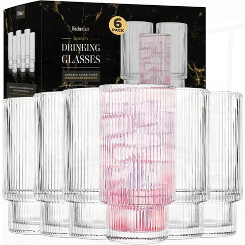 Ribbed Drinking Glasses Ribbed Glass Cups 12 oz Ribbed Glassware Set of 6 Textured Vintage Retro Ripple Aesthetic Glass Ware for Whiskey Cocktail Beer Water Coffee Bar Accessories