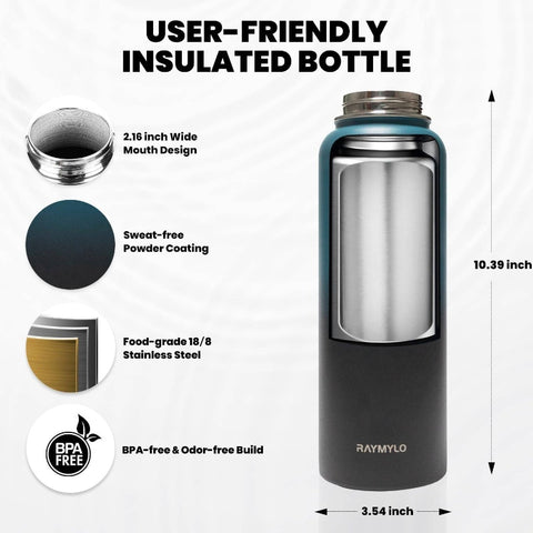 40oz Triple Wall Vacuum Insulated Stainless Steel Water Bottle - 48-Hour Cold Retention, Leakproof, BPA-Free, with Paracord Handle & Straw Spout Lids, Heavy-Duty Thermal Flask for Camping, Gym, Travel, Office - Elegant Indigo Black (Compatible with