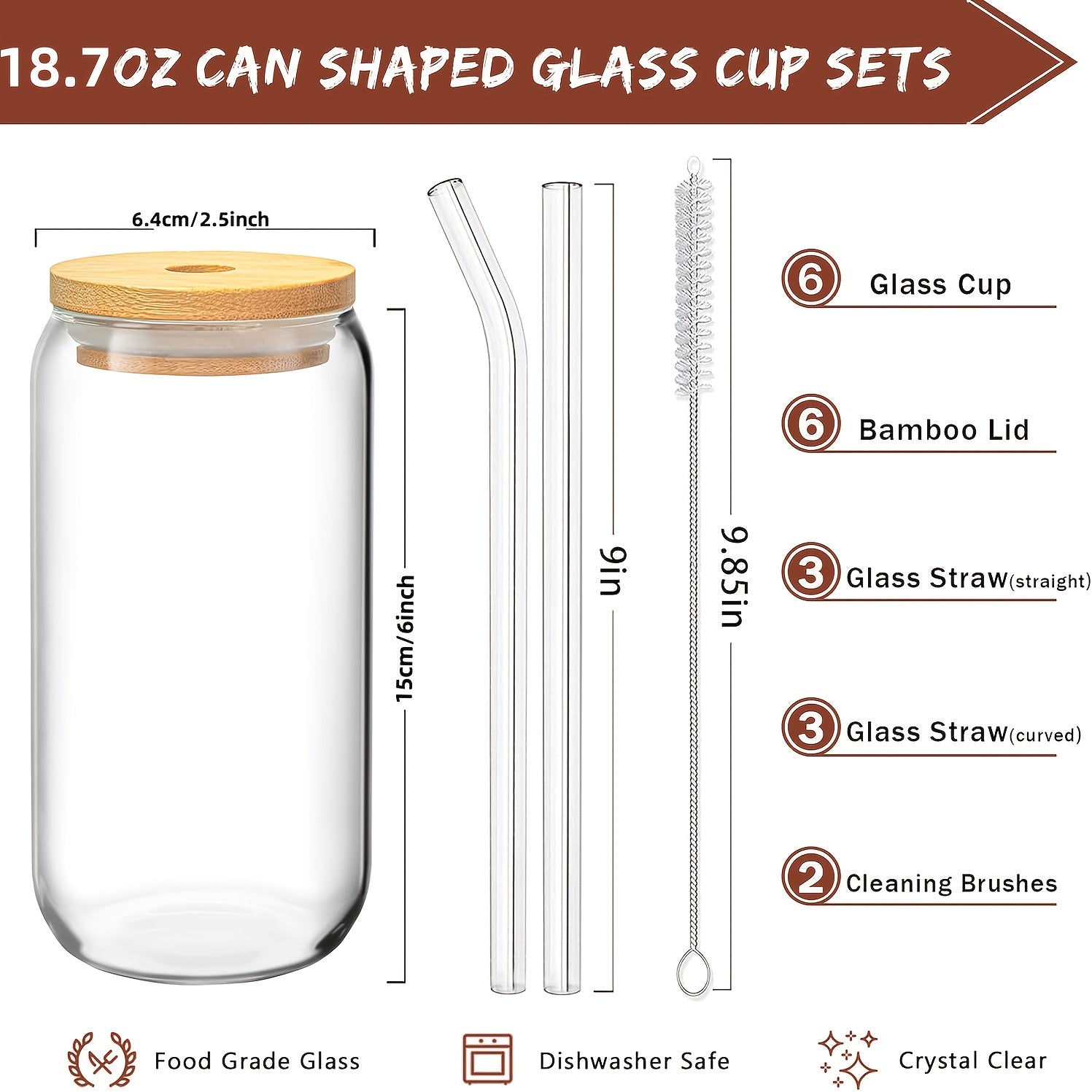 6pcs, 18.6oz\u002F550ml, Including Lid, Straw, Straw Brush Glass Cup Set. The Elegant Shape Of The Drinking Cup Is An Ideal Gift, And The Can Shaped Glass Cup Is Suitable for Any Beverage And Occasion