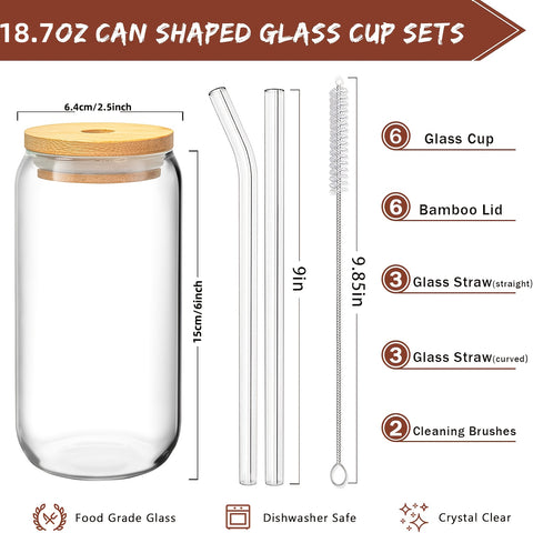 6pcs, 18.6oz\u002F550ml, Including Lid, Straw, Straw Brush Glass Cup Set. The Elegant Shape Of The Drinking Cup Is An Ideal Gift, And The Can Shaped Glass Cup Is Suitable for Any Beverage And Occasion