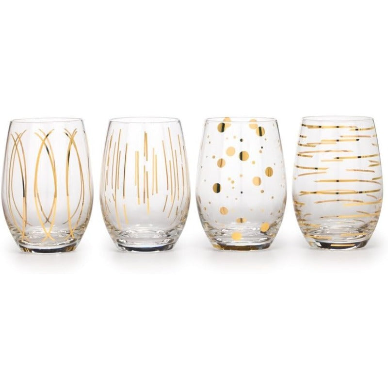 Cheers Etched Crystal Stemless Wine Glasses 470 ml Gold Effect Set of 4