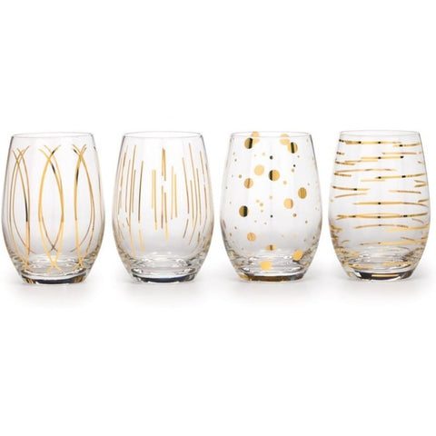 Cheers Etched Crystal Stemless Wine Glasses 470 ml Gold Effect Set of 4