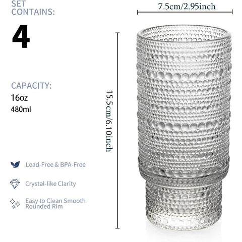 4 Pack Vintage Glassware Drinking Glasses Set 16 oz Hobnail Glassware Emed Clear Water Tumbler Cocktail Glass Cups for Kitchen and Bar Perfect for Juice Iced Coffee Whiskey Beer