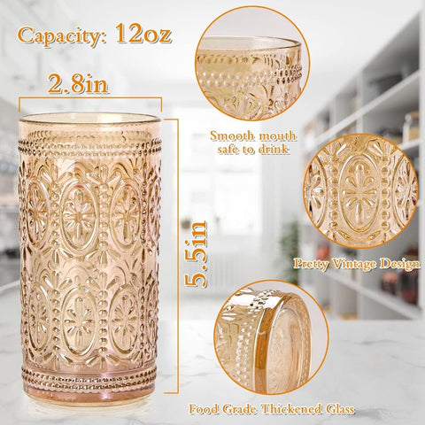 6 Pack Highball Beverage Glass Cup 12oz Amber Glassware Drinking Vintage Emed Drinking Glasses Old Fashioned Glass for Party Wedding Home Office and Gift