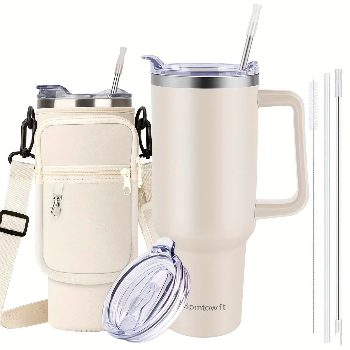 SPMTOWFT 40 Oz Tumbler with Handle, Insulated Water Bottle Carrier Bag with Lid And Straw, Reusable Stainless Steel Vacuum Insulated Cup, Leak Proof Thermal Travel Coffee Mug Cup for Cold And Hot, Phone Pocket, Office Drinkware, Gym Goers