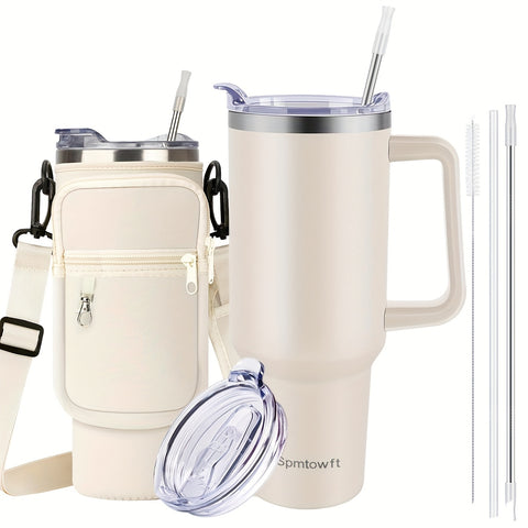 SPMTOWFT 40 Oz Tumbler with Handle, Insulated Water Bottle Carrier Bag with Lid And Straw, Reusable Stainless Steel Vacuum Insulated Cup, Leak Proof Thermal Travel Coffee Mug Cup for Cold And Hot, Phone Pocket, Office Drinkware, Gym Goers