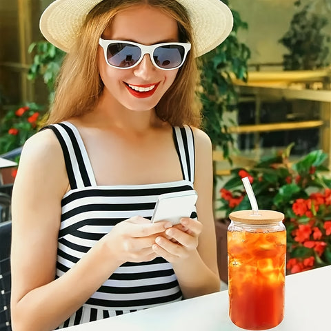 6pcs, 18.6oz\u002F550ml, Including Lid, Straw, Straw Brush Glass Cup Set. The Elegant Shape Of The Drinking Cup Is An Ideal Gift, And The Can Shaped Glass Cup Is Suitable for Any Beverage And Occasion