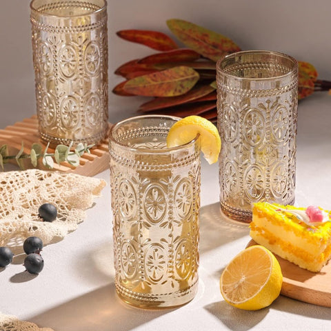 6 Pack Highball Beverage Glass Cup 12oz Amber Glassware Drinking Vintage Emed Drinking Glasses Old Fashioned Glass for Party Wedding Home Office and Gift