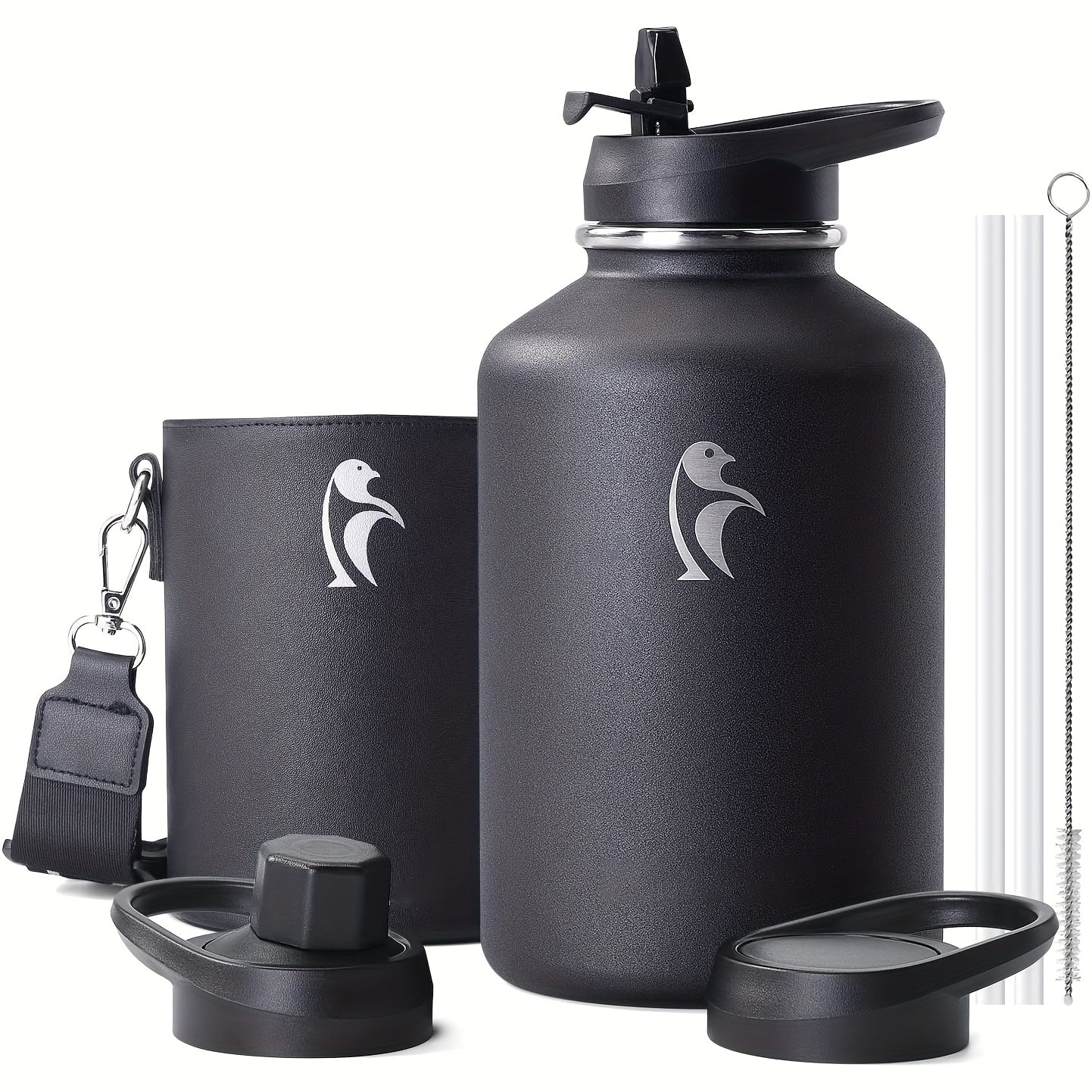 64\u002F128 Oz Water Bottle Insulated With PU Leather Sleeve, Half Gallon Water Bottle Color Contrast With Straw Lids, Stainless Steel Metal Large Water Jug, Keep Cold 48h Hot 24h, Black\u002FPurple