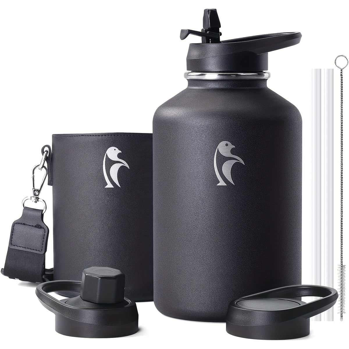 64\u002F128 Oz Water Bottle Insulated With PU Leather Sleeve, Half Gallon Water Bottle Color Contrast With Straw Lids, Stainless Steel Metal Large Water Jug, Keep Cold 48h Hot 24h, Black\u002FPurple