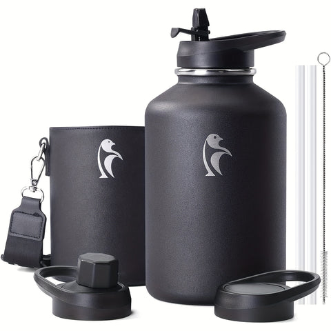 64\u002F128 Oz Water Bottle Insulated With PU Leather Sleeve, Half Gallon Water Bottle Color Contrast With Straw Lids, Stainless Steel Metal Large Water Jug, Keep Cold 48h Hot 24h, Black\u002FPurple