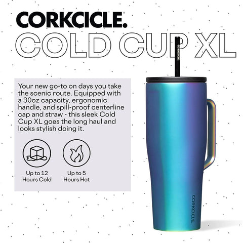 Corkcicle Cold Cup XL 30oz Insulated Tumbler with Handle, Straw & Lid - 12hr Cold Retention, Iridescent Iridescent Blue\u002FPurple\u002FPink\u002FPink Water Bottle, Cupholder Friendly Insulated Bottle, Alloy, Dishwasher (Reusable