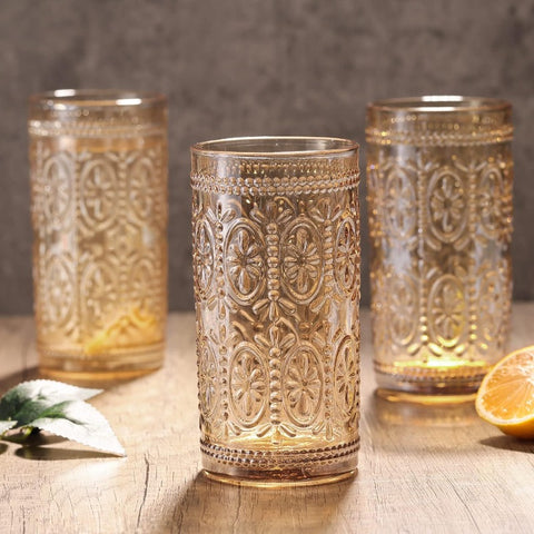 6 Pack Highball Beverage Glass Cup 12oz Amber Glassware Drinking Vintage Emed Drinking Glasses Old Fashioned Glass for Party Wedding Home Office and Gift