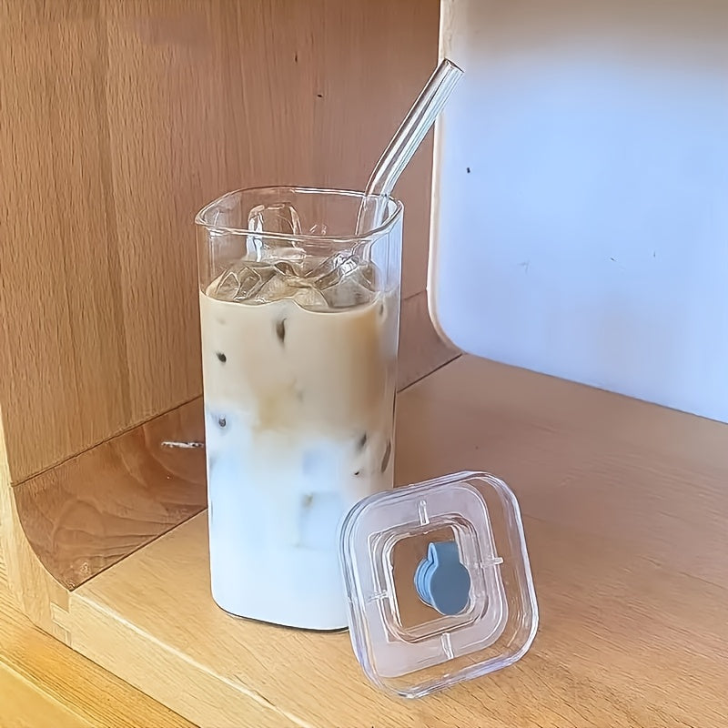 4pcs\u002F6pcs Straw Square Glass Drinking Cup With Lid, Iced Coffee Cup, Cute Anti-Dump Cup, Perfect For Travel, Workout, Hydration, Suitable For Anniversary Holiday Gifts, Dinner Sharing