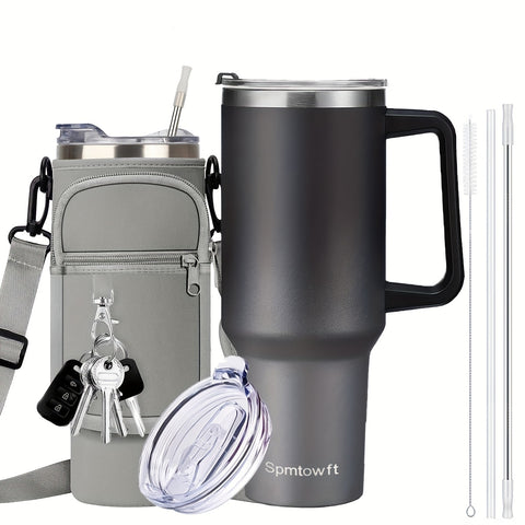 SPMTOWFT 40 Oz Tumbler with Handle, Insulated Water Bottle Carrier Bag with Lid And Straw, Reusable Stainless Steel Vacuum Insulated Cup, Leak Proof Thermal Travel Coffee Mug Cup for Cold And Hot, Phone Pocket, Office Drinkware, Gym Goers
