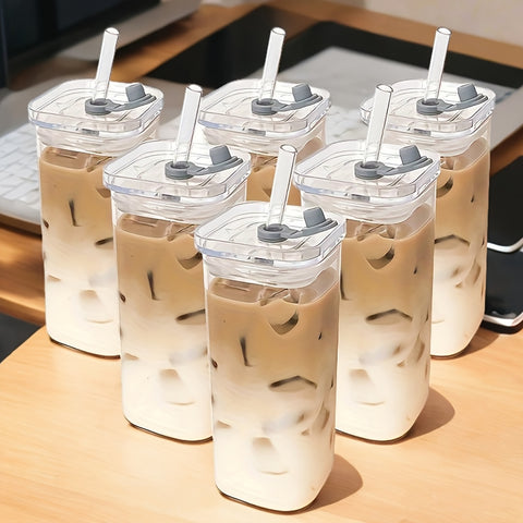 4pcs\u002F6pcs Straw Square Glass Drinking Cup With Lid, Iced Coffee Cup, Cute Anti-Dump Cup, Perfect For Travel, Workout, Hydration, Suitable For Anniversary Holiday Gifts, Dinner Sharing