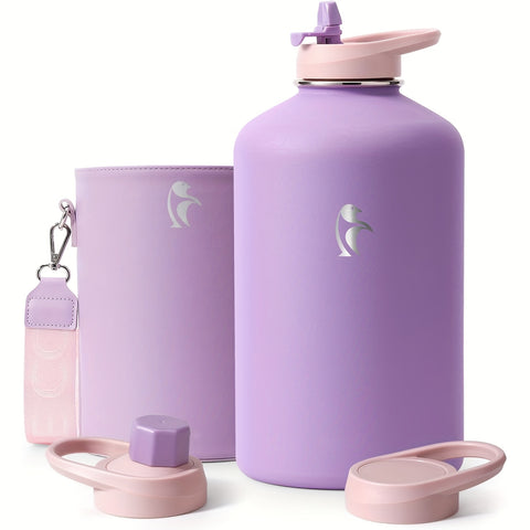 64\u002F128 Oz Water Bottle Insulated With PU Leather Sleeve, Half Gallon Water Bottle Color Contrast With Straw Lids, Stainless Steel Metal Large Water Jug, Keep Cold 48h Hot 24h, Black\u002FPurple