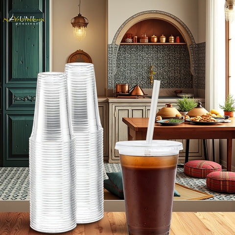 50 Sets 12oz-16oz-20oz-24oz Disposable Plastic Cups with Lids & Straws - Coffee Cold Drink Cups for Holiday Party, Halloween party, Christmas gatheringTravel, Home & Office Use, Disposable Cup, Cups Disposable