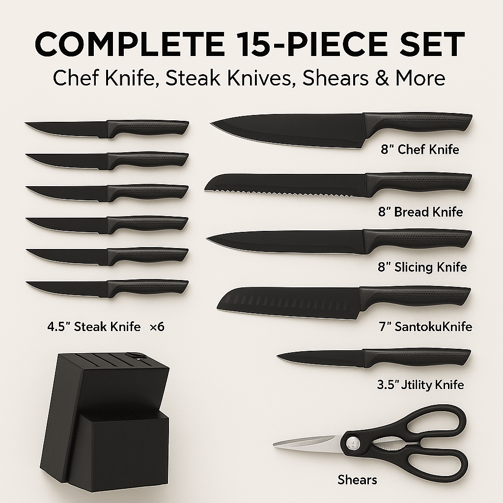 Kitchen Essentials Set – Large Ceramic Pasta Plates (Set of 6), Premium Black Knife Set (6-Piece), & Clear Glass Coffee Mugs (Set of 4) – Durable, Microwave & Dishwasher Safe