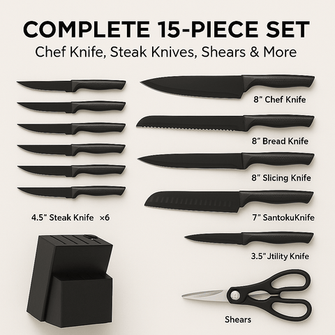 Kitchen Essentials Set – Large Ceramic Pasta Plates (Set of 6), Premium Black Knife Set (6-Piece), & Clear Glass Coffee Mugs (Set of 4) – Durable, Microwave & Dishwasher Safe