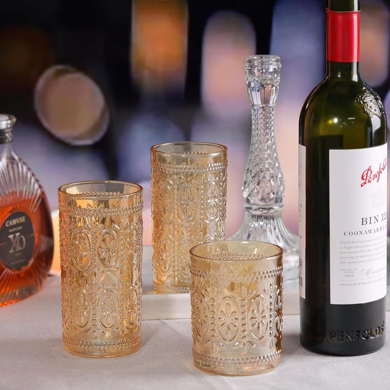 6 Pack Highball Beverage Glass Cup 12oz Amber Glassware Drinking Vintage Emed Drinking Glasses Old Fashioned Glass for Party Wedding Home Office and Gift