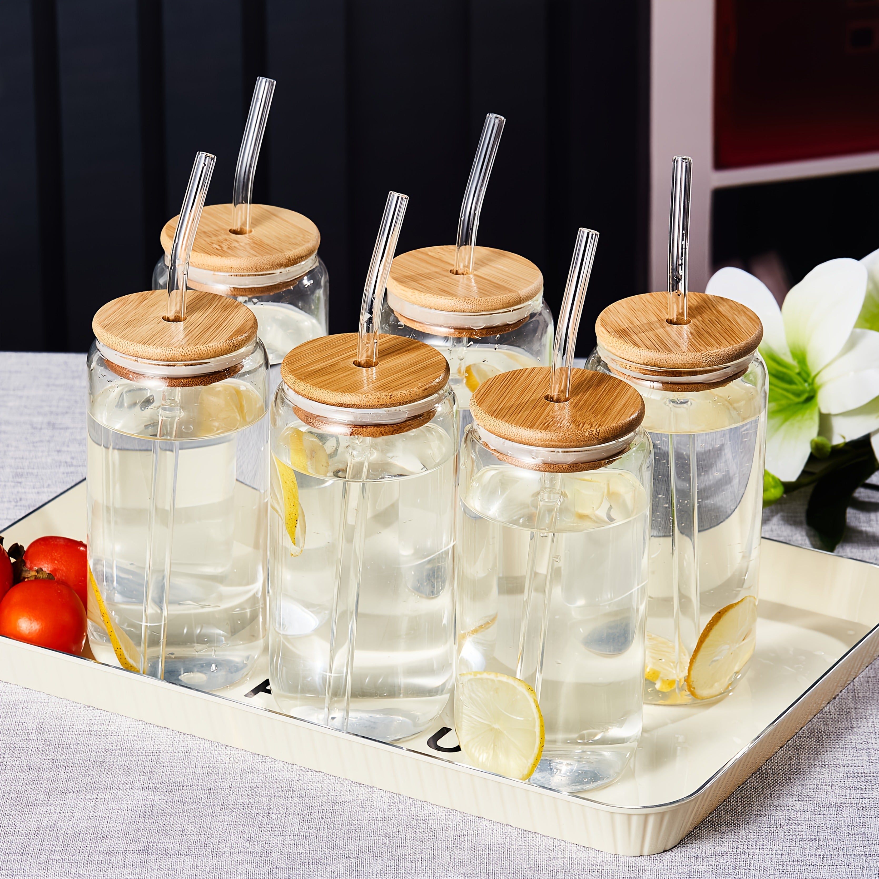 6pcs, 18.6oz\u002F550ml, Including Lid, Straw, Straw Brush Glass Cup Set. The Elegant Shape Of The Drinking Cup Is An Ideal Gift, And The Can Shaped Glass Cup Is Suitable for Any Beverage And Occasion