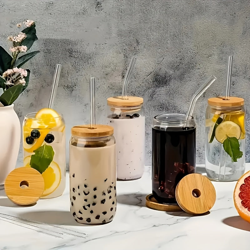 4\u002F6pcs, Glass Cup, 18.7oz\u002F550ml Glass Cup with Lid and Straw, Mason Jar Water Cup, Iced Coffee Cup, Glass Cup with Bamboo Lid,