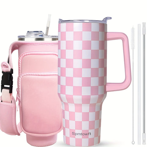 SPMTOWFT 40 Oz Tumbler with Handle, Insulated Water Bottle Carrier Bag with Lid And Straw, Reusable Stainless Steel Vacuum Insulated Cup, Leak Proof Thermal Travel Coffee Mug Cup for Cold And Hot, Phone Pocket, Office Drinkware, Gym Goers