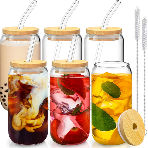 6pcs, 18.6oz\u002F550ml, Including Lid, Straw, Straw Brush Glass Cup Set. The Elegant Shape Of The Drinking Cup Is An Ideal Gift, And The Can Shaped Glass Cup Is Suitable for Any Beverage And Occasion
