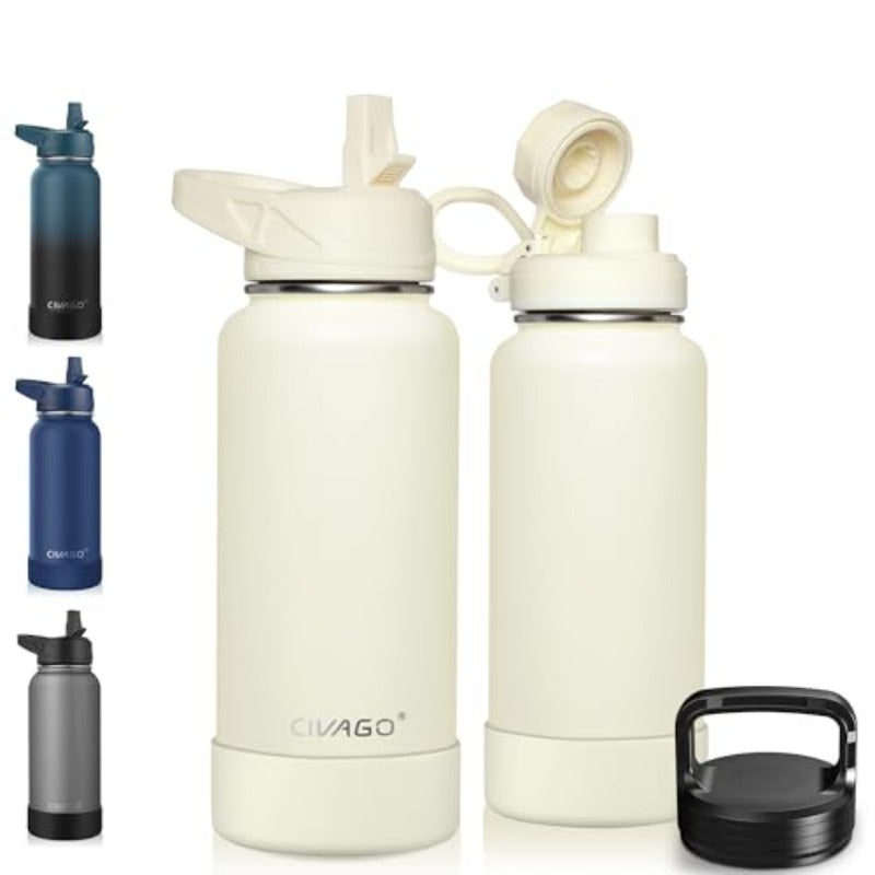 32oz Insulated Water Bottle with Straw Stainl Steel Sports Water Flask Cup with 3 Lids Straw Portable Spout and Handle Lid Double Walled Travel Thermal Canteen Mug Cream, Daily Hydration, Workout Essentials, Sleek Design, Stylish Canteen, Highquality