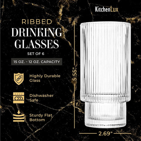 Ribbed Drinking Glasses Ribbed Glass Cups 12 oz Ribbed Glassware Set of 6 Textured Vintage Retro Ripple Aesthetic Glass Ware for Whiskey Cocktail Beer Water Coffee Bar Accessories
