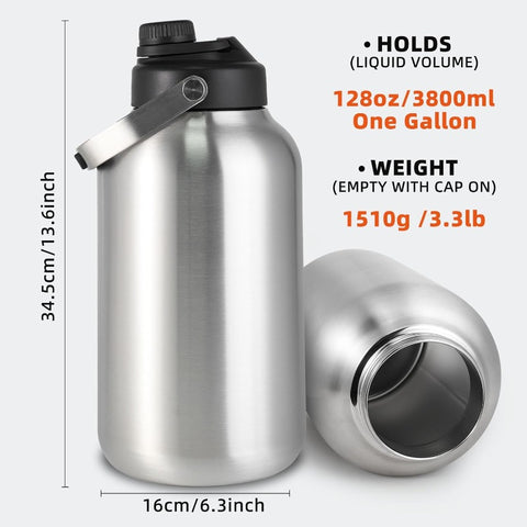 One Gallon Water Bottle 128oz Stainless Steel Insulated Water Bottle For Hot Cold Drinks BPAFree Wide Mouth LeakProof Big Water Jug With Handle For Sports Travel Hinking Camping Silver