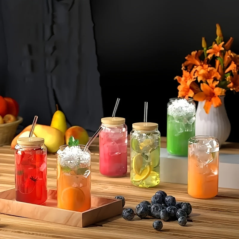 4\u002F6pcs, Glass Cup, 18.7oz\u002F550ml Glass Cup with Lid and Straw, Mason Jar Water Cup, Iced Coffee Cup, Glass Cup with Bamboo Lid,