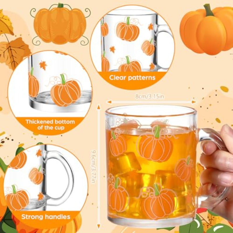 6 Pack 12 oz Fall Pumpkin Coffee Mugs Glass Cups Thanksgiving Gifts Bulk Clear Drinking Wine Glasses with Handle for Autumn Harvest Halloween Party plies Decorations