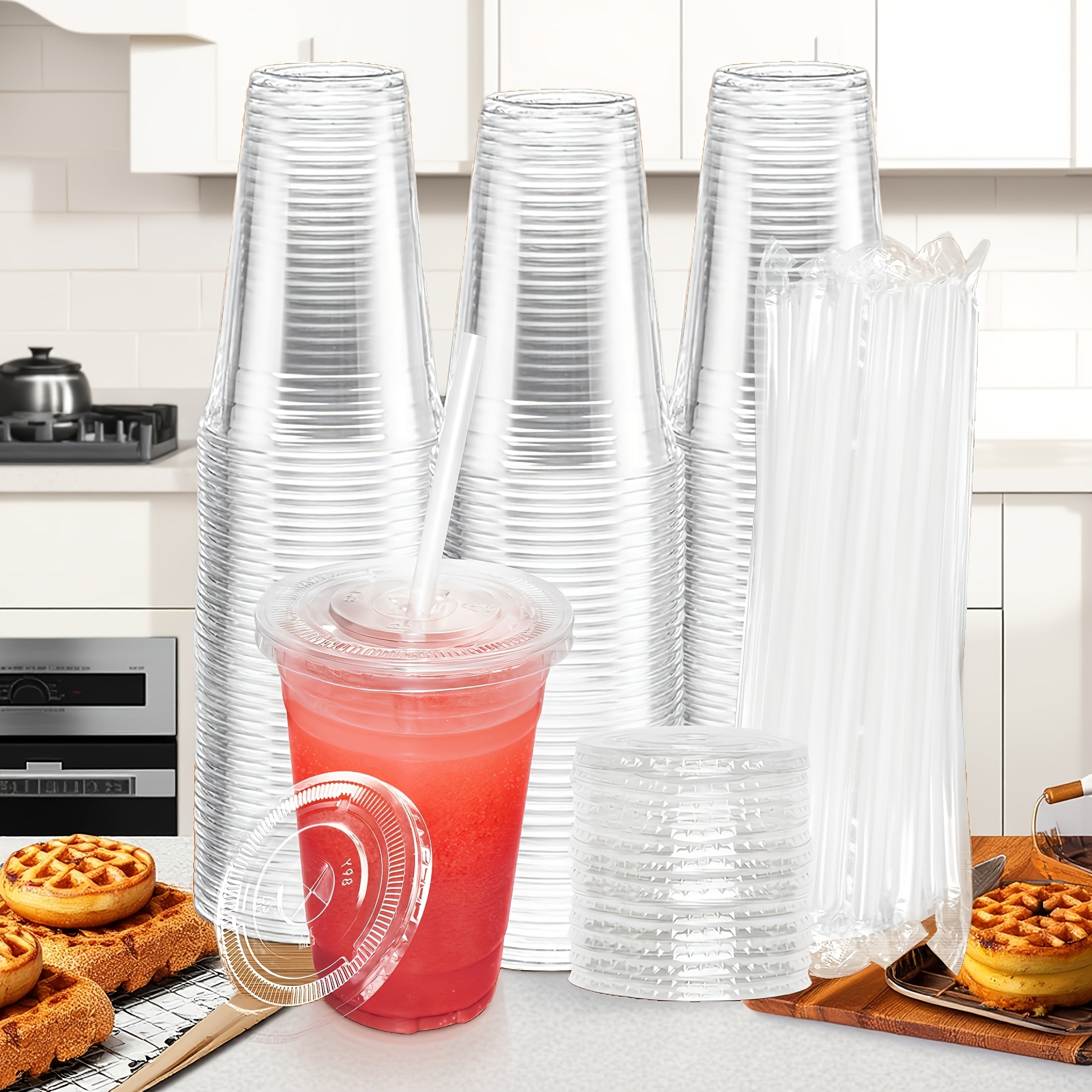 50 Sets 12oz-16oz-20oz-24oz Disposable Plastic Cups with Lids & Straws - Coffee Cold Drink Cups for Holiday Party, Halloween party, Christmas gatheringTravel, Home & Office Use, Disposable Cup, Cups Disposable
