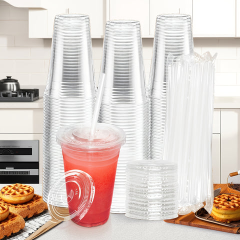 50 Sets 12oz-16oz-20oz-24oz Disposable Plastic Cups with Lids & Straws - Coffee Cold Drink Cups for Holiday Party, Halloween party, Christmas gatheringTravel, Home & Office Use, Disposable Cup, Cups Disposable
