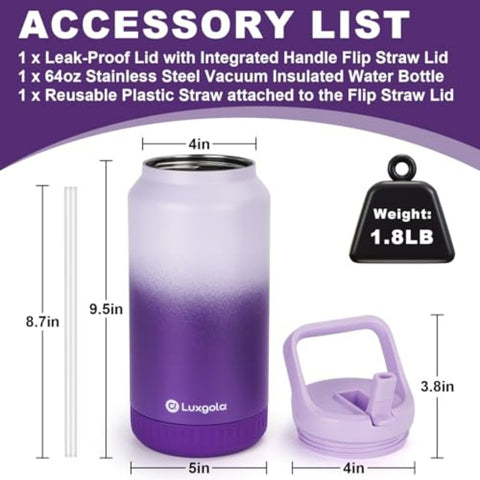 64oz Half Gallon Insulated Water Bottle with Flip Straw Lid & Handle, Leakproof Insulated Bottle Flask for Hot\u002FCold Drinks, 12H Cold & 9H Hot Retention, Pink-Purple Gradient Tumbler, Wide Mouth & Non-Slip Base