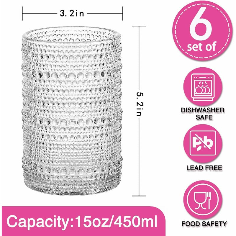 Consou Large Glasses Set of 6 15 oz Hobnail Glassware Thick Glass Heavy Base