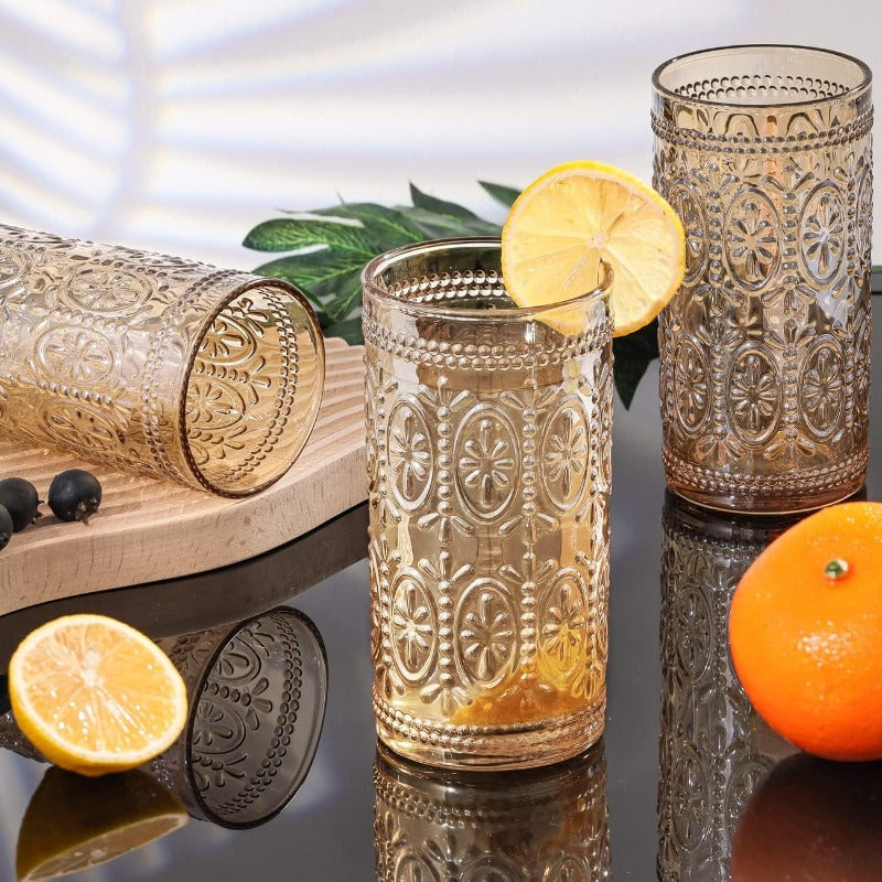 6 Pack Highball Beverage Glass Cup 12oz Amber Glassware Drinking Vintage Emed Drinking Glasses Old Fashioned Glass for Party Wedding Home Office and Gift