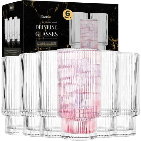 Ribbed Drinking Glasses Ribbed Glass Cups 12 oz Ribbed Glassware Set of 6 Textured Vintage Retro Ripple Aesthetic Glass Ware for Whiskey Cocktail Beer Water Coffee Bar Accessories
