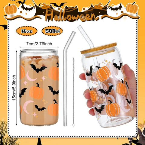 6 Pcs Halloween Drinking Glasses 16 oz Hearts Glass Cup with Bamboo Lid and Glass Straw Can Shaped Beer Glass Reusable Love Smoothie Cup for Women Teenager Valentine Party Birthday Gift
